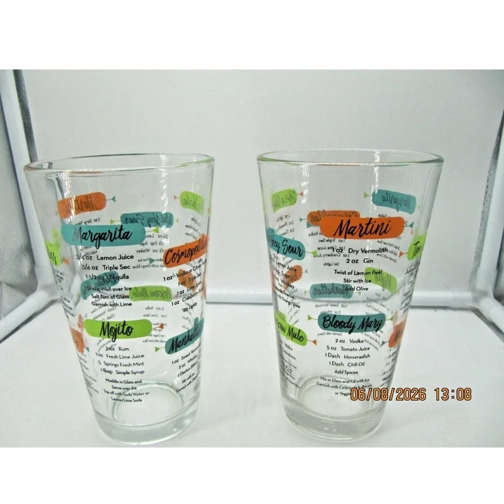 Libbey Drink Recipe Pint Glass Mixed Cocktail Shaker Barware Drink Set Of 2